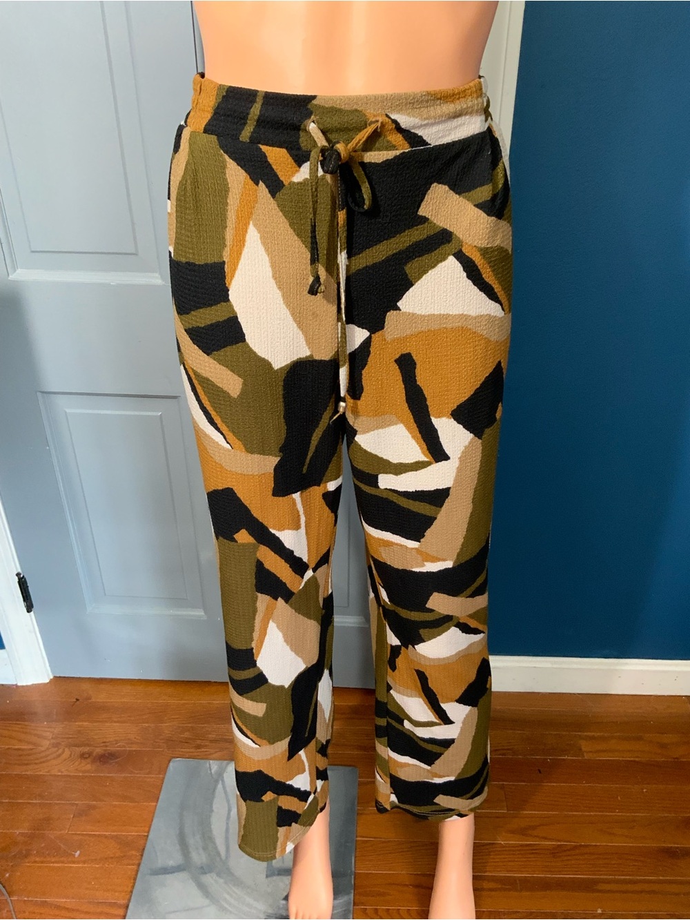 Soho Abstract Print Drawstring Pants in Olive, Mustard, Black & Cream